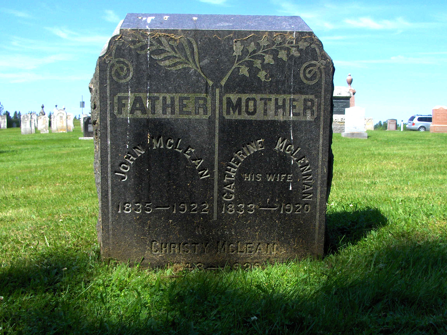 Photo of headstones/Catherine Mclean nee McLennan 1833-1920 hdstn Little Sands cem PEI